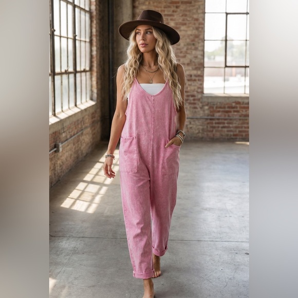 NWT Washed Pink Boho Pocket Harem Jumpsuit Jumper - Picture 3 of 5